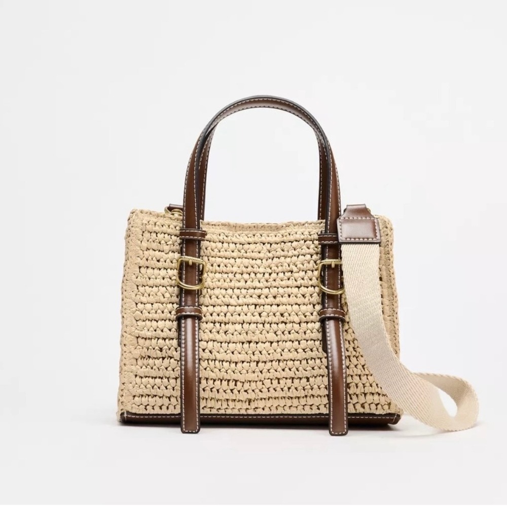 Zara Mini Woven Rattan Tote Top Handle Crossbody Tan Brown OS